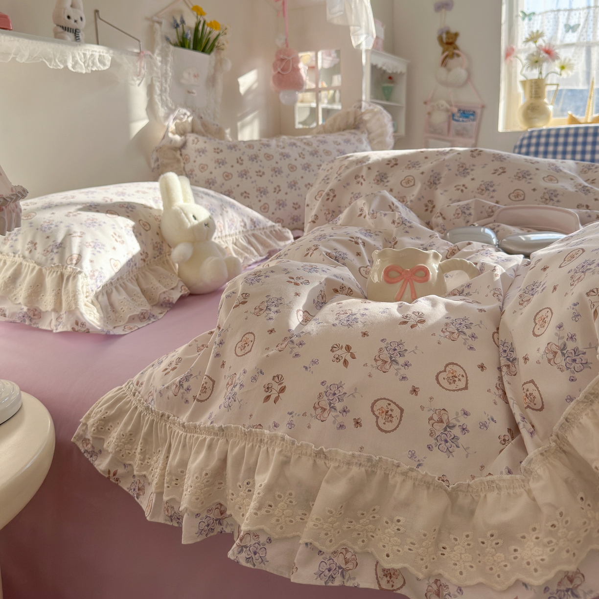 91家纺网 家纺一手货源 找家纺 （总）锦彩家居 2026新款全棉数码印花小碎花花边款三件套四件套INS小红书博主风（提供买家秀）