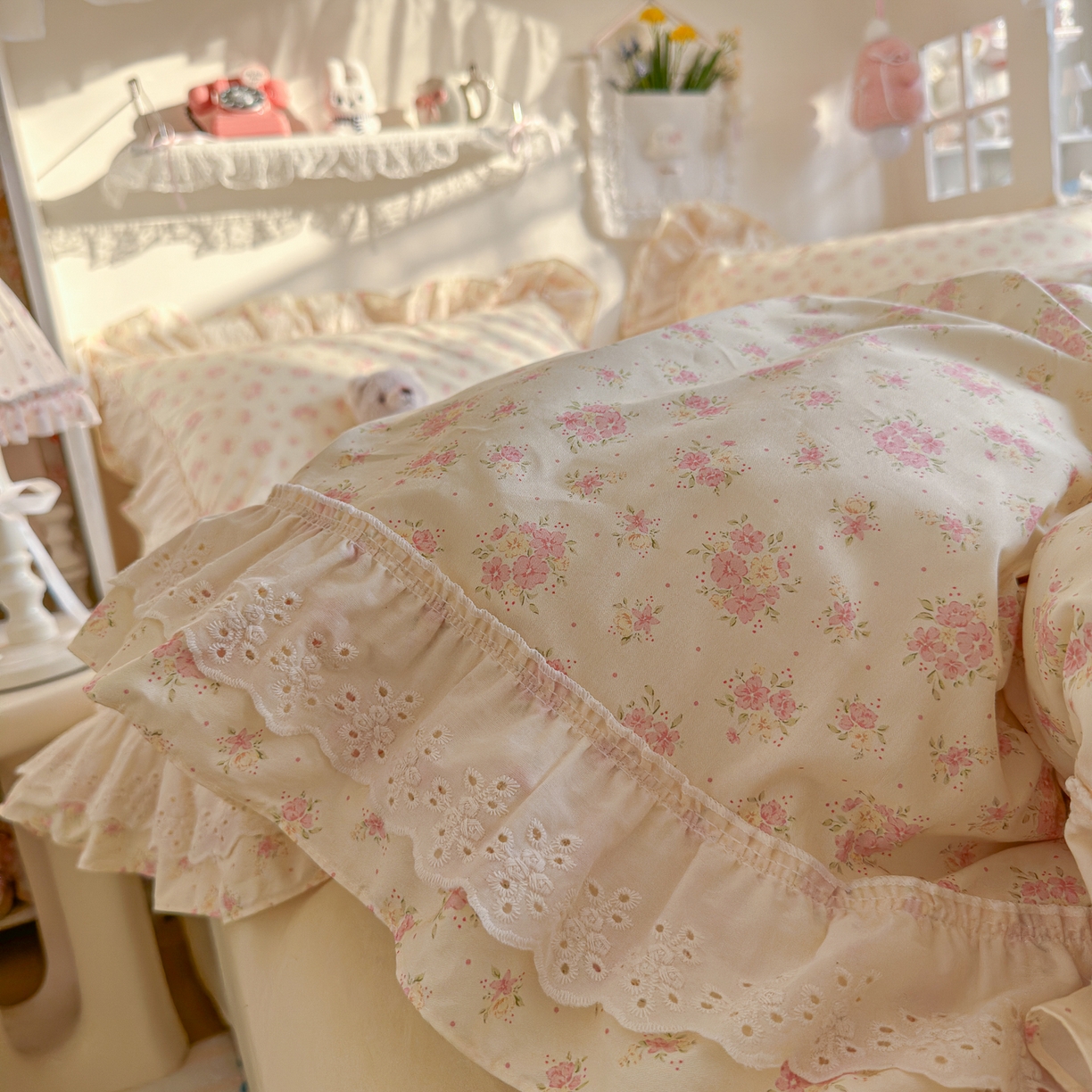 91家纺网 家纺一手货源 找家纺 （总）锦彩家居 2026新款全棉数码印花小碎花花边款三件套四件套INS小红书博主风（提供买家秀）