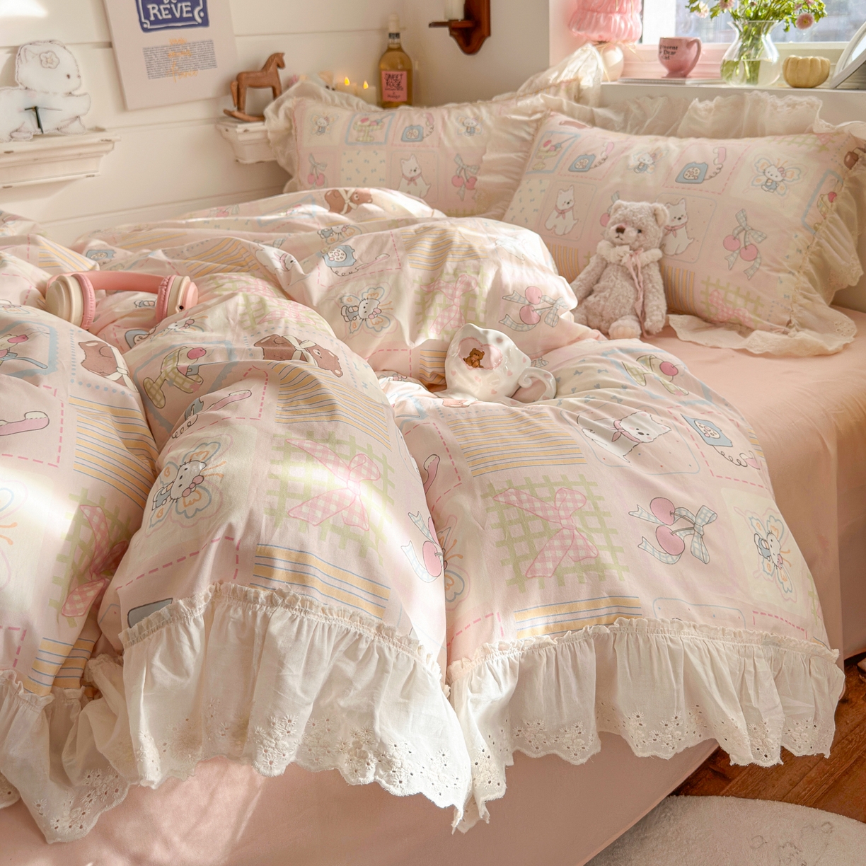 91家纺网 家纺一手货源 找家纺 （总）锦彩家居 2026新款全棉数码印花卡通花边款三件套四件套INS小红书博主风（提供买家秀）