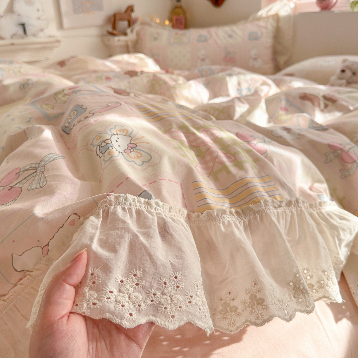 91家纺网 家纺一手货源 找家纺 （总）锦彩家居 2026新款全棉数码印花卡通花边款三件套四件套INS小红书博主风（提供买家秀）