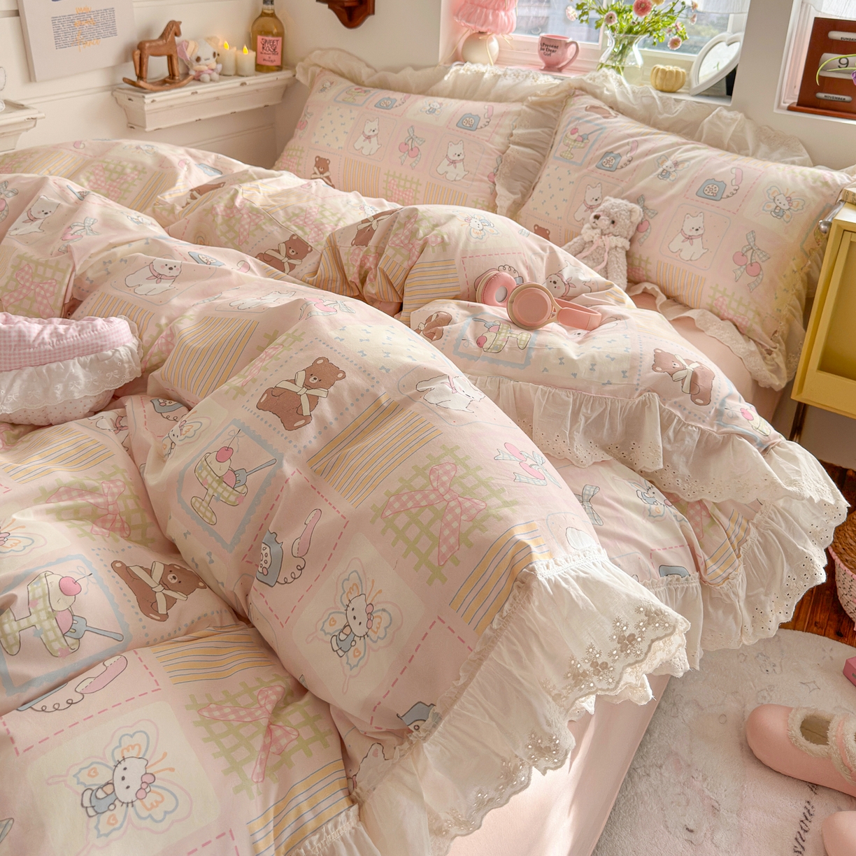 91家纺网 家纺一手货源 找家纺 （总）锦彩家居 2026新款全棉数码印花卡通花边款三件套四件套INS小红书博主风（提供买家秀）