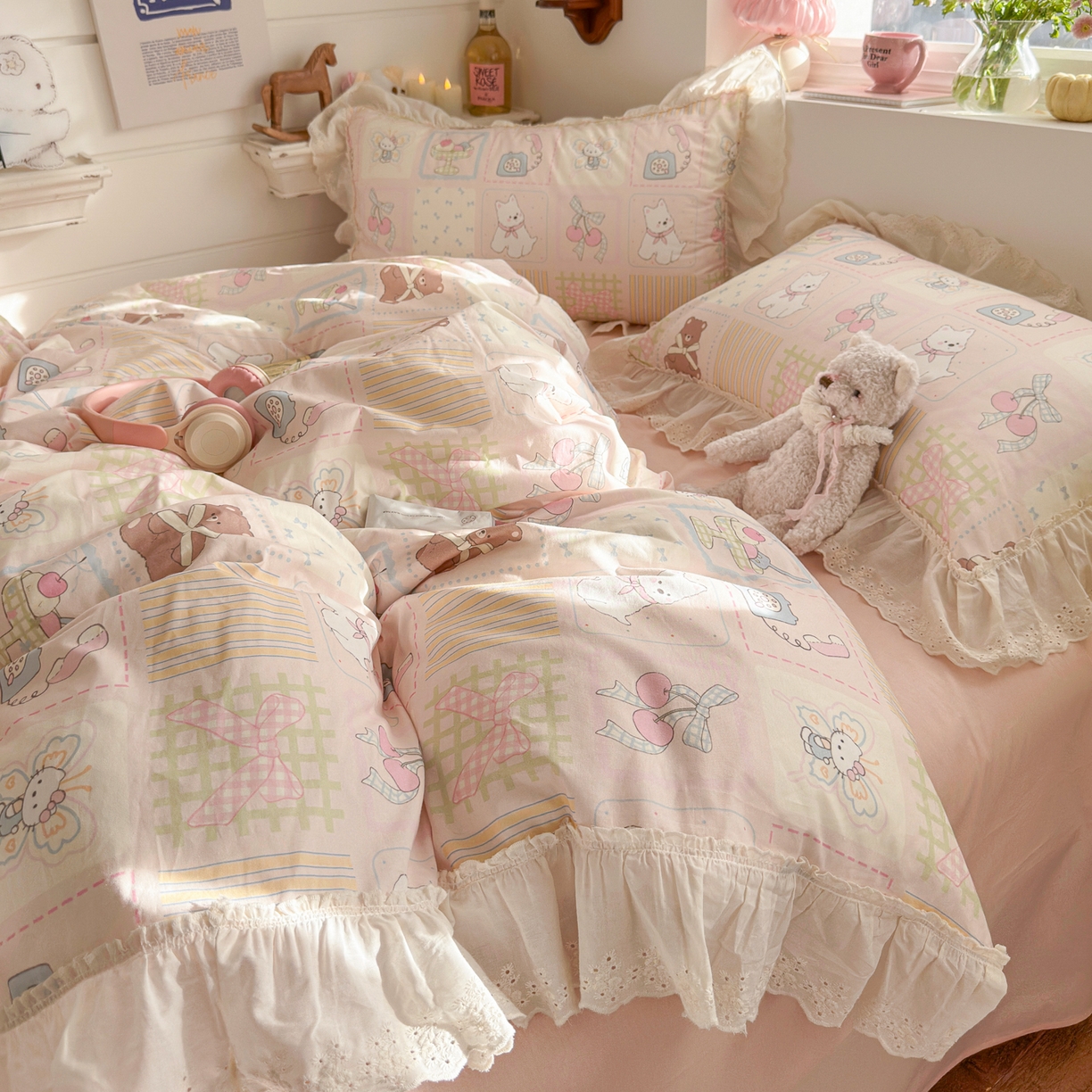 91家纺网 家纺一手货源 找家纺 （总）锦彩家居 2026新款全棉数码印花卡通花边款三件套四件套INS小红书博主风（提供买家秀）