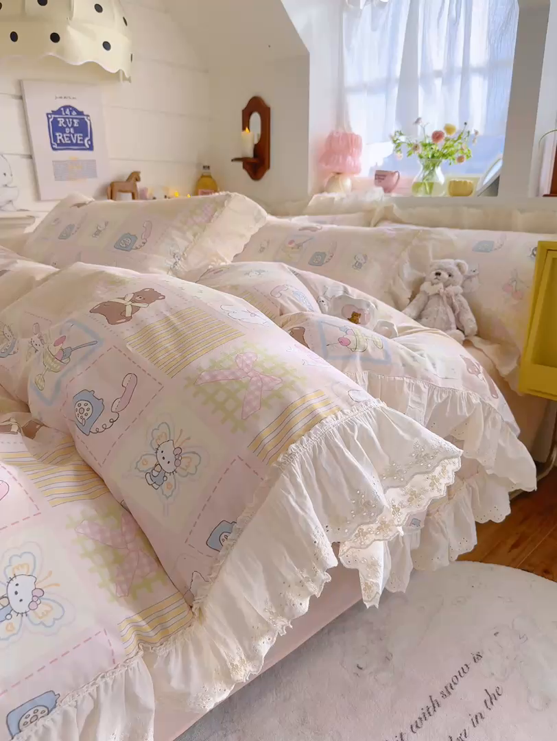 91家纺网 家纺一手货源 找家纺 （总）锦彩家居 2026新款全棉数码印花卡通花边款三件套四件套INS小红书博主风（提供买家秀）