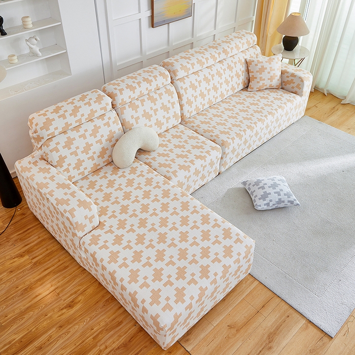 91家纺网 家纺一手货源 找家纺 丝绮鹿 2025新款仿麻雪尼尔系列沙发套（素栩）-贵妃图 奶油杏