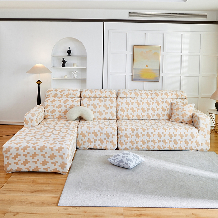 91家纺网 家纺一手货源 找家纺 丝绮鹿 2025新款仿麻雪尼尔系列沙发套（素栩）-贵妃图 奶油杏