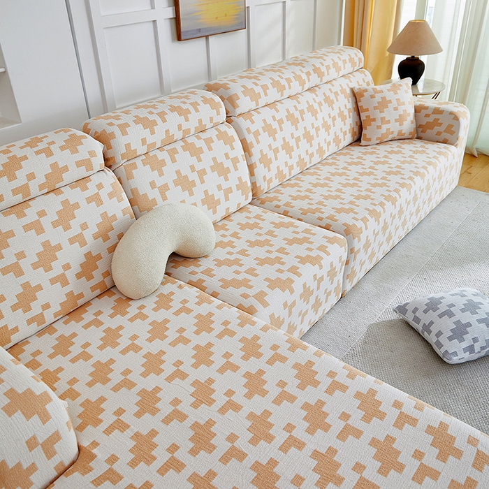 91家纺网 家纺一手货源 找家纺 丝绮鹿 2025新款仿麻雪尼尔系列沙发套（素栩）-贵妃图 奶油杏