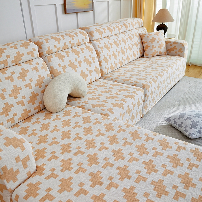 91家纺网 家纺一手货源 找家纺 丝绮鹿 2025新款仿麻雪尼尔系列沙发套（素栩）-贵妃图 奶油杏