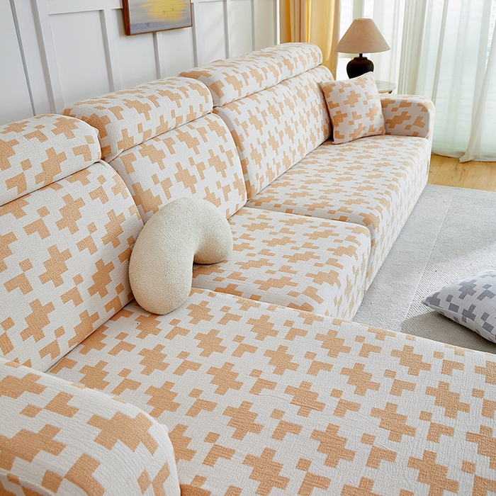 91家纺网 家纺一手货源 找家纺 丝绮鹿 2025新款仿麻雪尼尔系列沙发套（素栩）-贵妃图 奶油杏