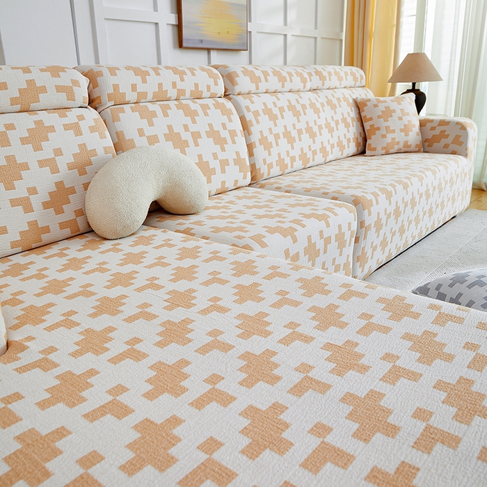 91家纺网 家纺一手货源 找家纺 丝绮鹿 2025新款仿麻雪尼尔系列沙发套（素栩）-贵妃图 奶油杏