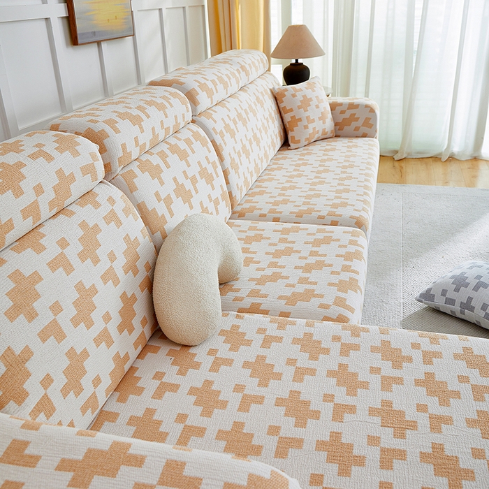 91家纺网 家纺一手货源 找家纺 丝绮鹿 2025新款仿麻雪尼尔系列沙发套（素栩）-贵妃图 奶油杏