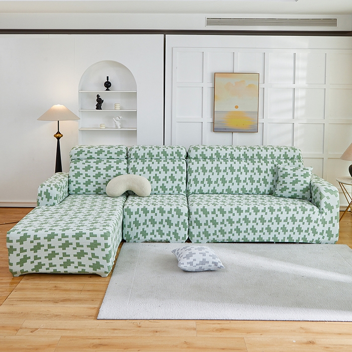 91家纺网 家纺一手货源 找家纺 丝绮鹿 2025新款仿麻雪尼尔系列沙发套（素栩）-贵妃图 松竹绿