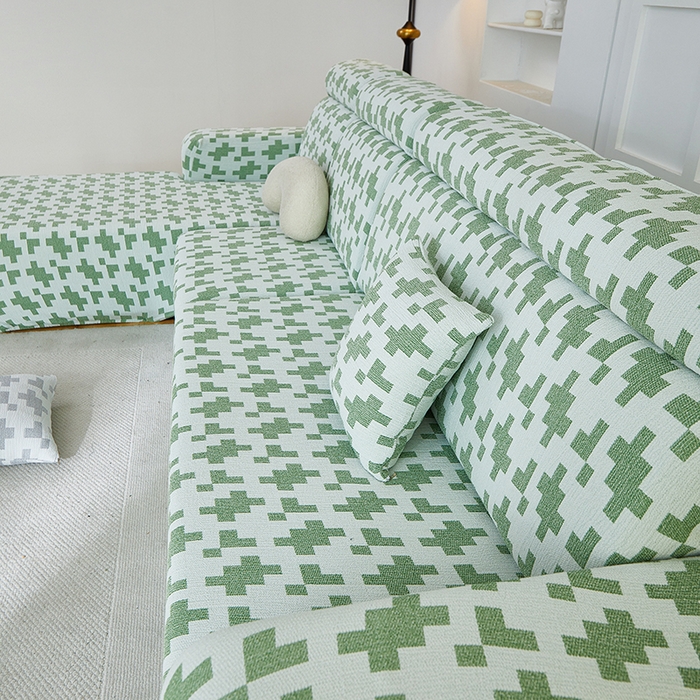 91家纺网 家纺一手货源 找家纺 丝绮鹿 2025新款仿麻雪尼尔系列沙发套（素栩）-贵妃图 松竹绿