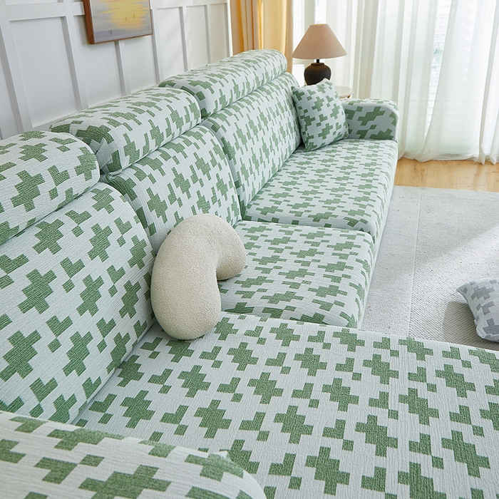 91家纺网 家纺一手货源 找家纺 丝绮鹿 2025新款仿麻雪尼尔系列沙发套（素栩）-贵妃图 松竹绿