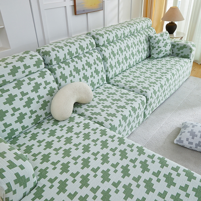 91家纺网 家纺一手货源 找家纺 丝绮鹿 2025新款仿麻雪尼尔系列沙发套（素栩）-贵妃图 松竹绿