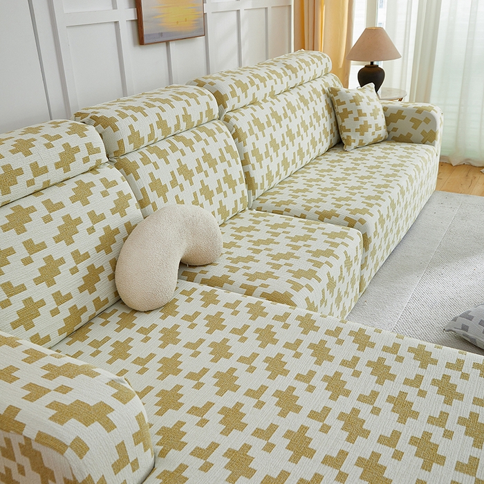 91家纺网 家纺一手货源 找家纺 丝绮鹿 2025新款仿麻雪尼尔系列沙发套（素栩）-贵妃图 秋叶黄