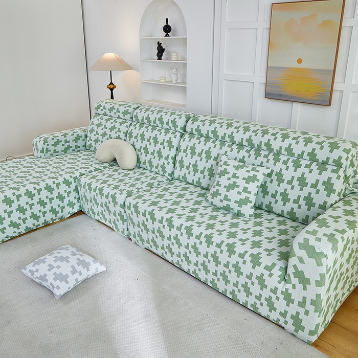 91家纺网 家纺一手货源 找家纺 丝绮鹿 2025新款仿麻雪尼尔系列沙发套（素栩）-贵妃图 松竹绿