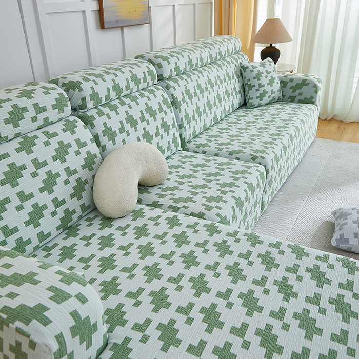 91家纺网 家纺一手货源 找家纺 丝绮鹿 2025新款仿麻雪尼尔系列沙发套（素栩）-贵妃图 松竹绿