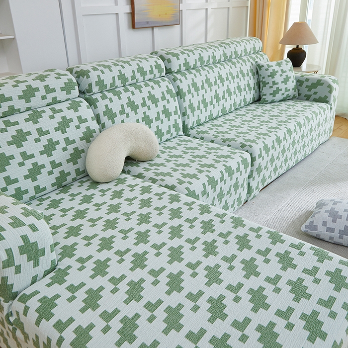 91家纺网 家纺一手货源 找家纺 丝绮鹿 2025新款仿麻雪尼尔系列沙发套（素栩）-贵妃图 松竹绿