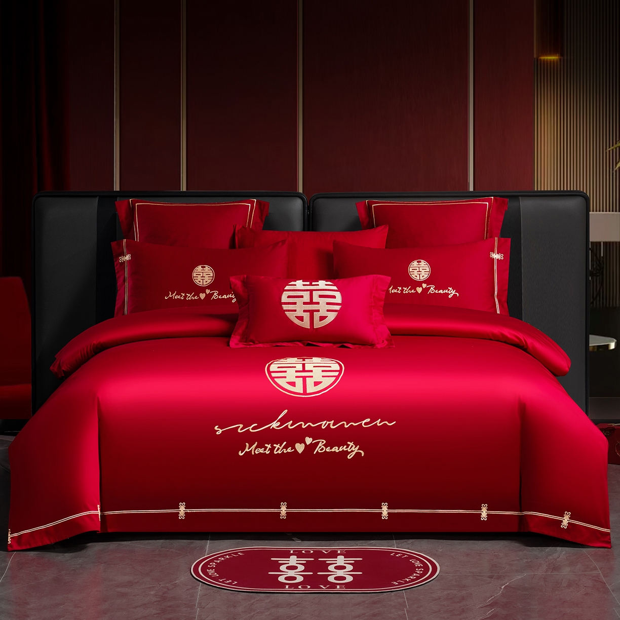 91家纺网 家纺一手货源 找家纺 置顶家纺 2025新款新中式棚拍亲肤棉婚庆大红刺绣系列四件套 幸福婚礼-大红