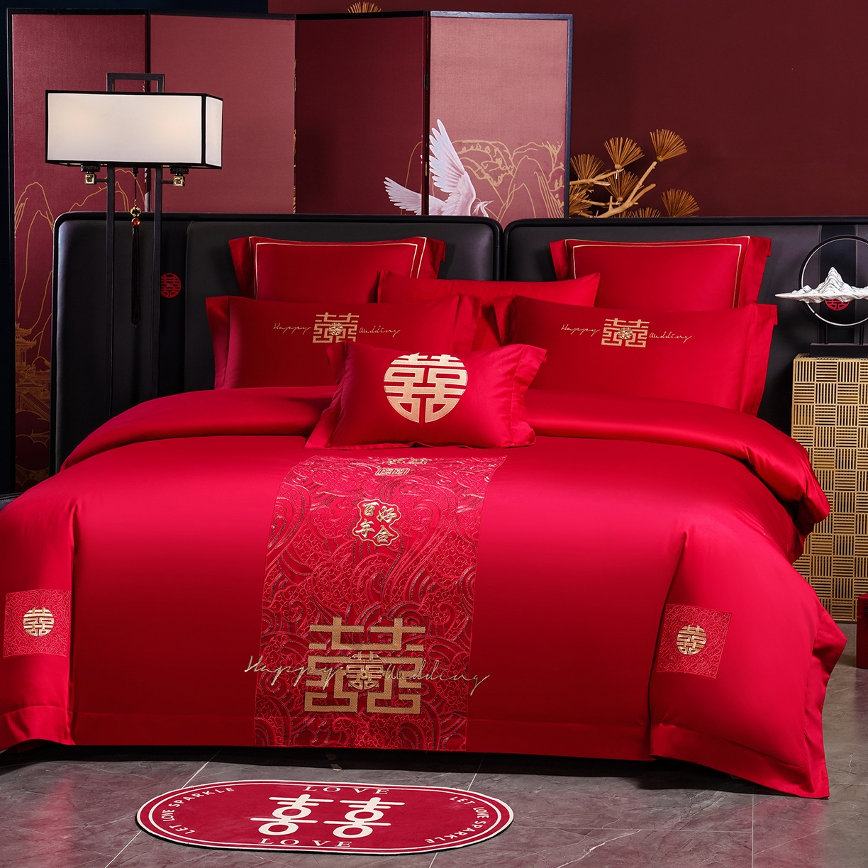 91家纺网 家纺一手货源 找家纺 置顶家纺 2025新款新中式棚拍亲肤棉婚庆大红刺绣系列四件套 喜礼-大红