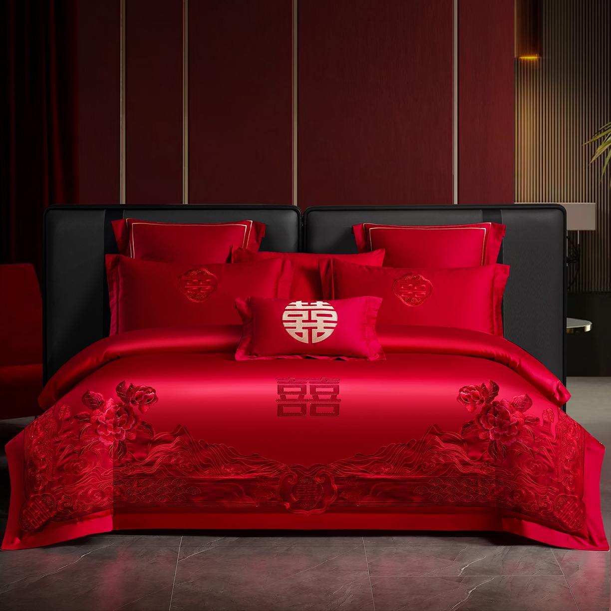 91家纺网 家纺一手货源 找家纺 置顶家纺 2025新款新中式棚拍亲肤棉婚庆大红刺绣系列四件套 花开富贵-大红