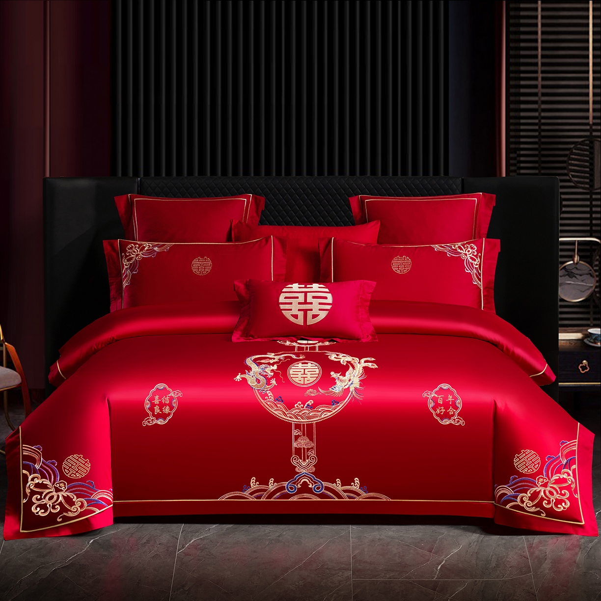 91家纺网 家纺一手货源 找家纺 （总）置顶家纺 2025新款新中式棚拍亲肤棉婚庆大红刺绣系列四件套