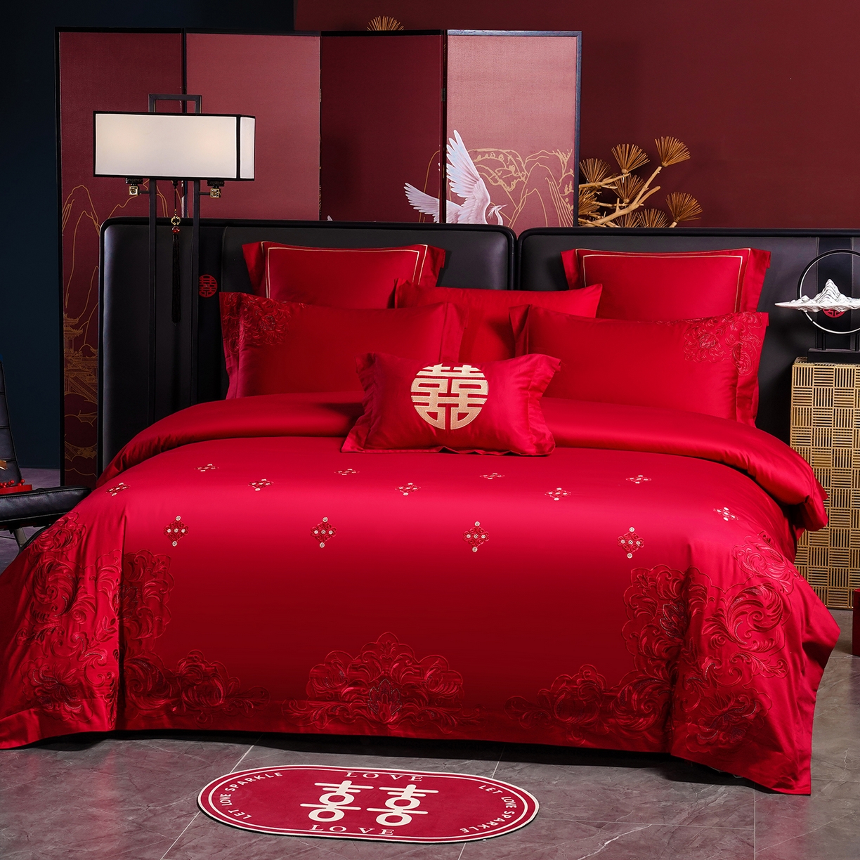 91家纺网 家纺一手货源 找家纺 置顶家纺 2025新款新中式棚拍亲肤棉婚庆大红刺绣系列四件套 盛世婚礼-大红