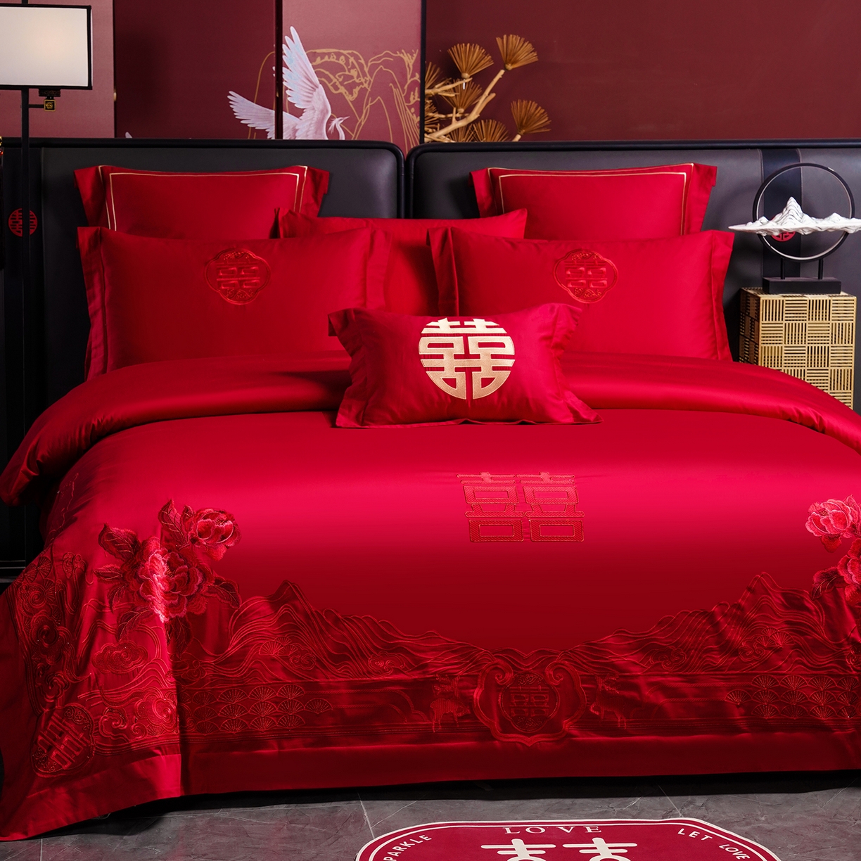 91家纺网 家纺一手货源 找家纺 （总）置顶家纺 2025新款新中式棚拍亲肤棉婚庆大红刺绣系列四件套