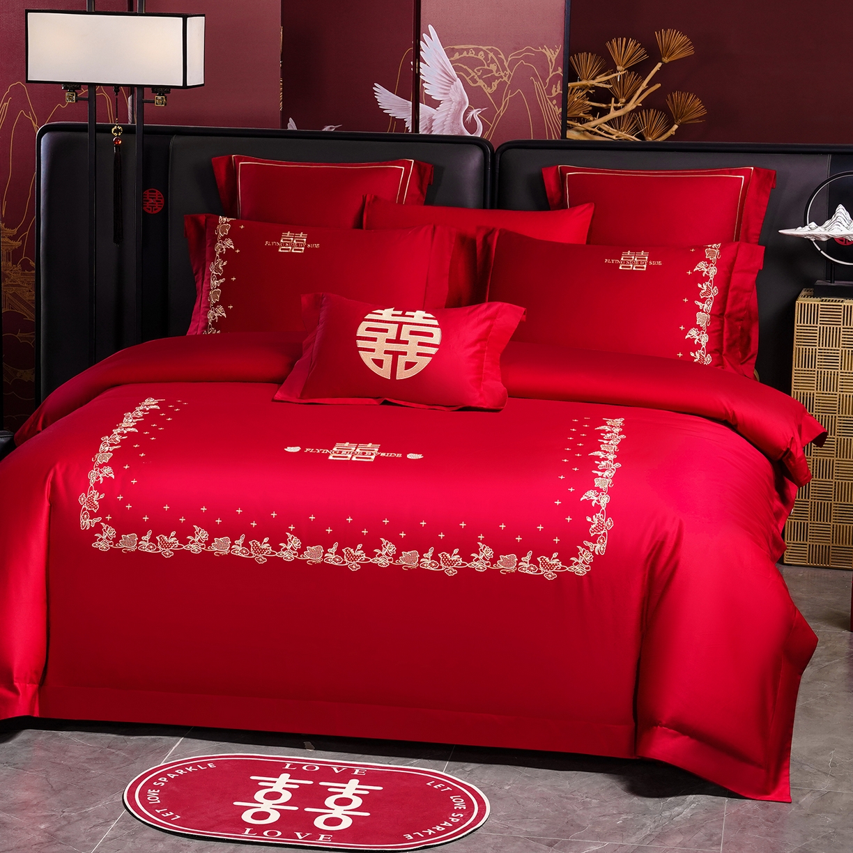 91家纺网 家纺一手货源 找家纺 置顶家纺 2025新款新中式棚拍亲肤棉婚庆大红刺绣系列四件套 十全十美-大红