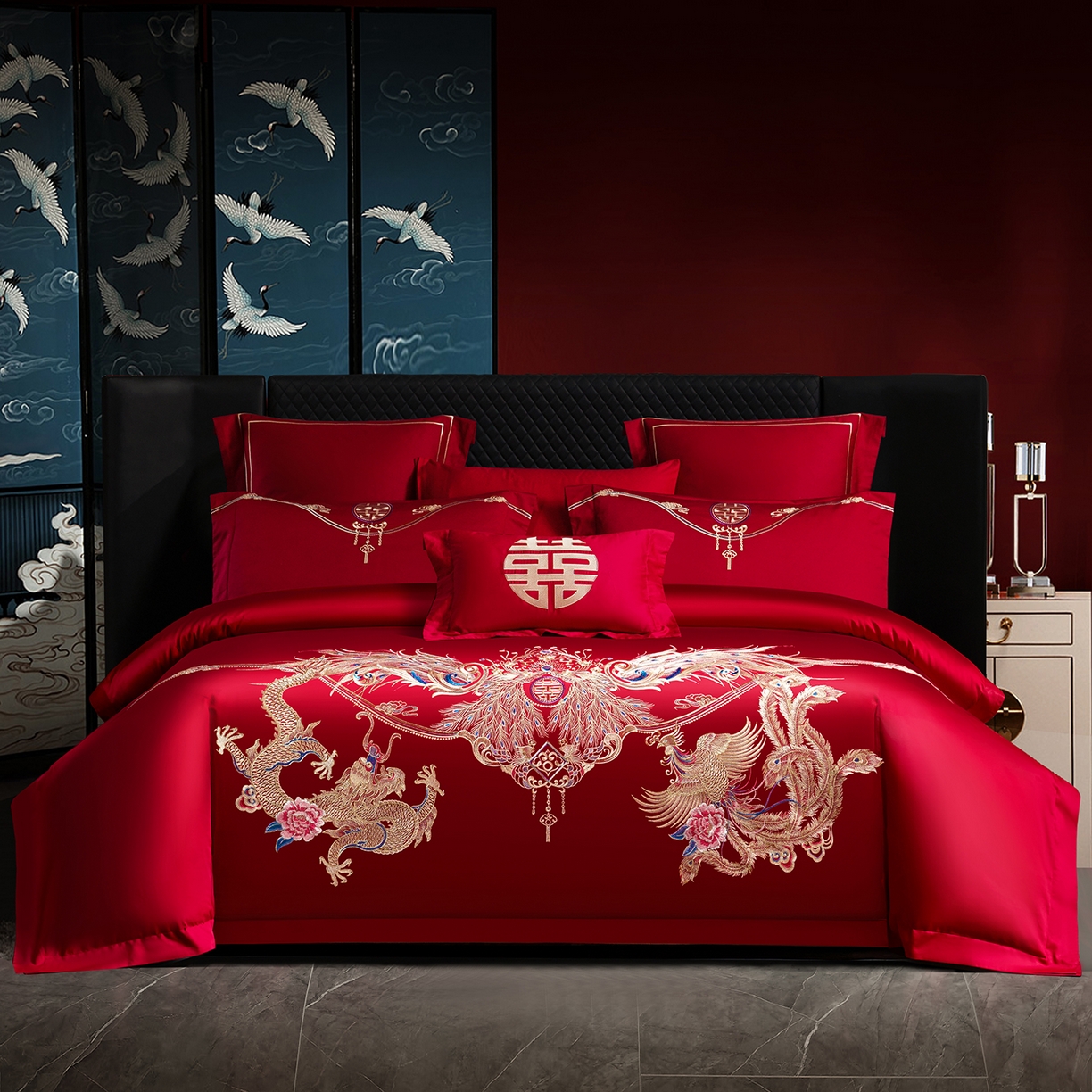 91家纺网 家纺一手货源 找家纺 （总）置顶家纺 2025新款新中式棚拍亲肤棉婚庆大红刺绣系列四件套