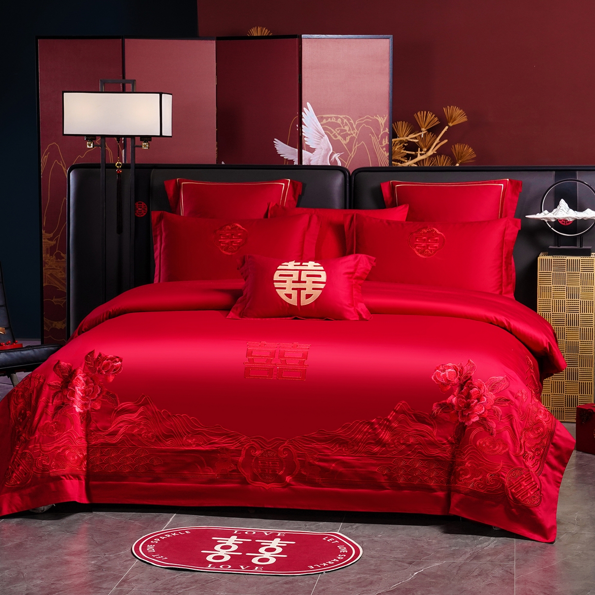 91家纺网 家纺一手货源 找家纺 （总）置顶家纺 2025新款新中式棚拍亲肤棉婚庆大红刺绣系列四件套