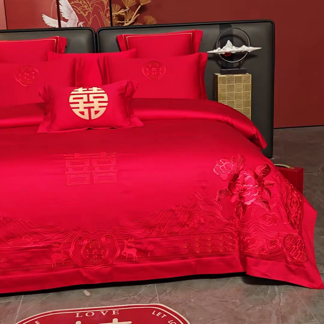 91家纺网 家纺一手货源 找家纺 （总）置顶家纺 2025新款新中式棚拍亲肤棉婚庆大红刺绣系列四件套