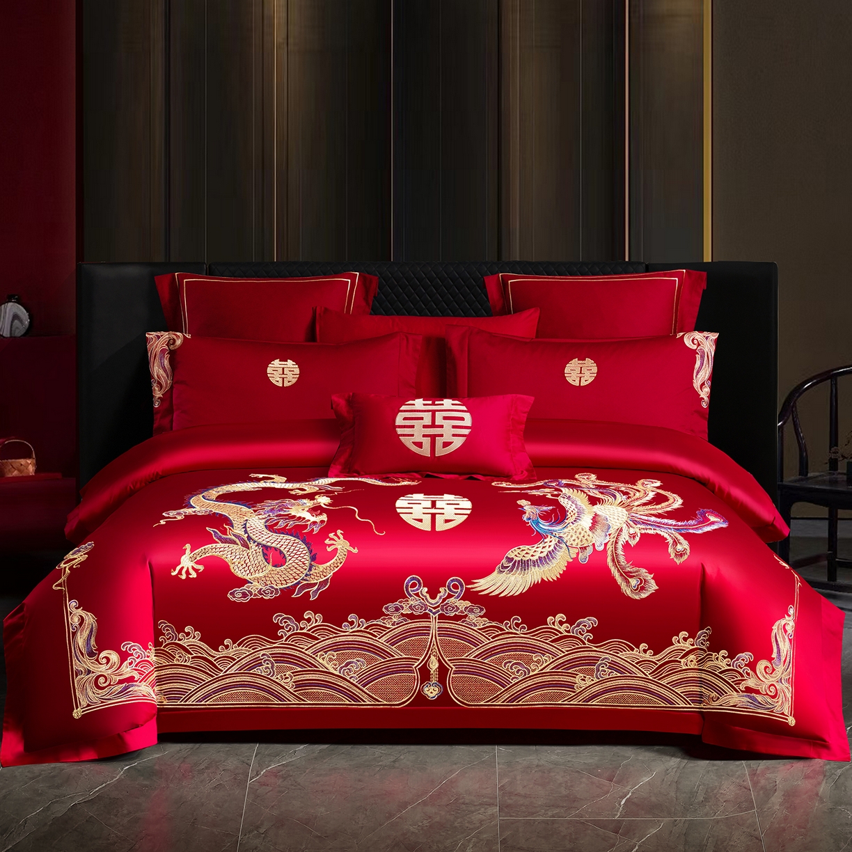 置顶家纺 2025新款新中式棚拍亲肤棉婚庆大红刺绣系列四件套 迎喜龙凤-大红