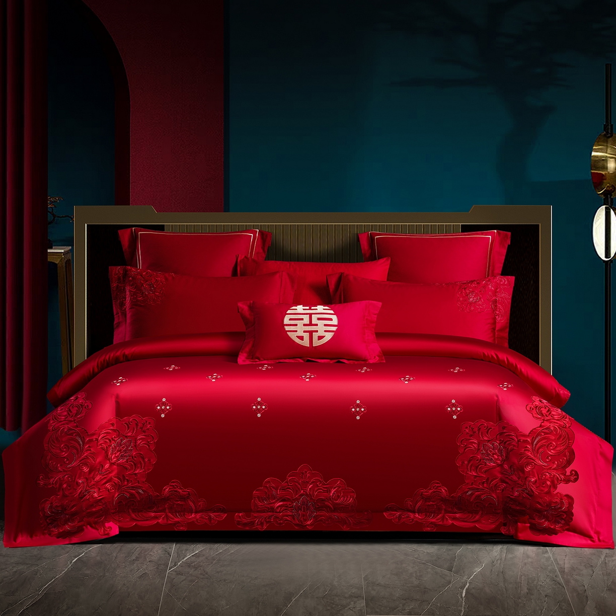91家纺网 家纺一手货源 找家纺 置顶家纺 2025新款新中式棚拍亲肤棉婚庆大红刺绣系列四件套 盛世婚礼-大红