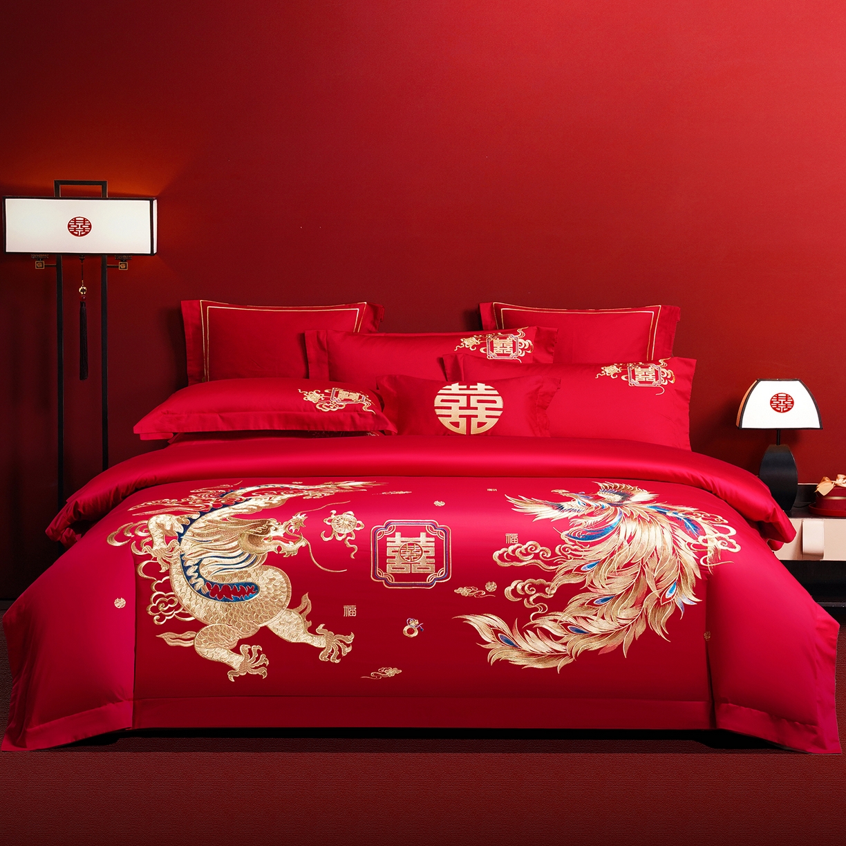 置顶家纺 2025新款新中式棚拍亲肤棉婚庆大红刺绣系列四件套 龙凤盈禧-大红