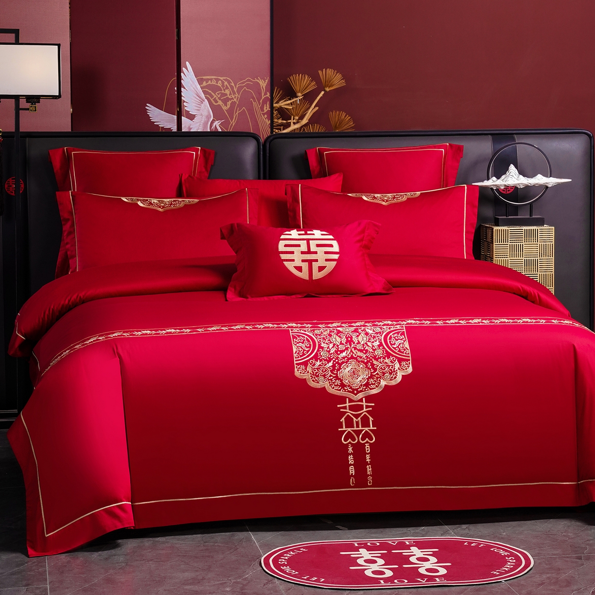 91家纺网 家纺一手货源 找家纺 置顶家纺 2025新款新中式棚拍亲肤棉婚庆大红刺绣系列四件套 永结同心-大红