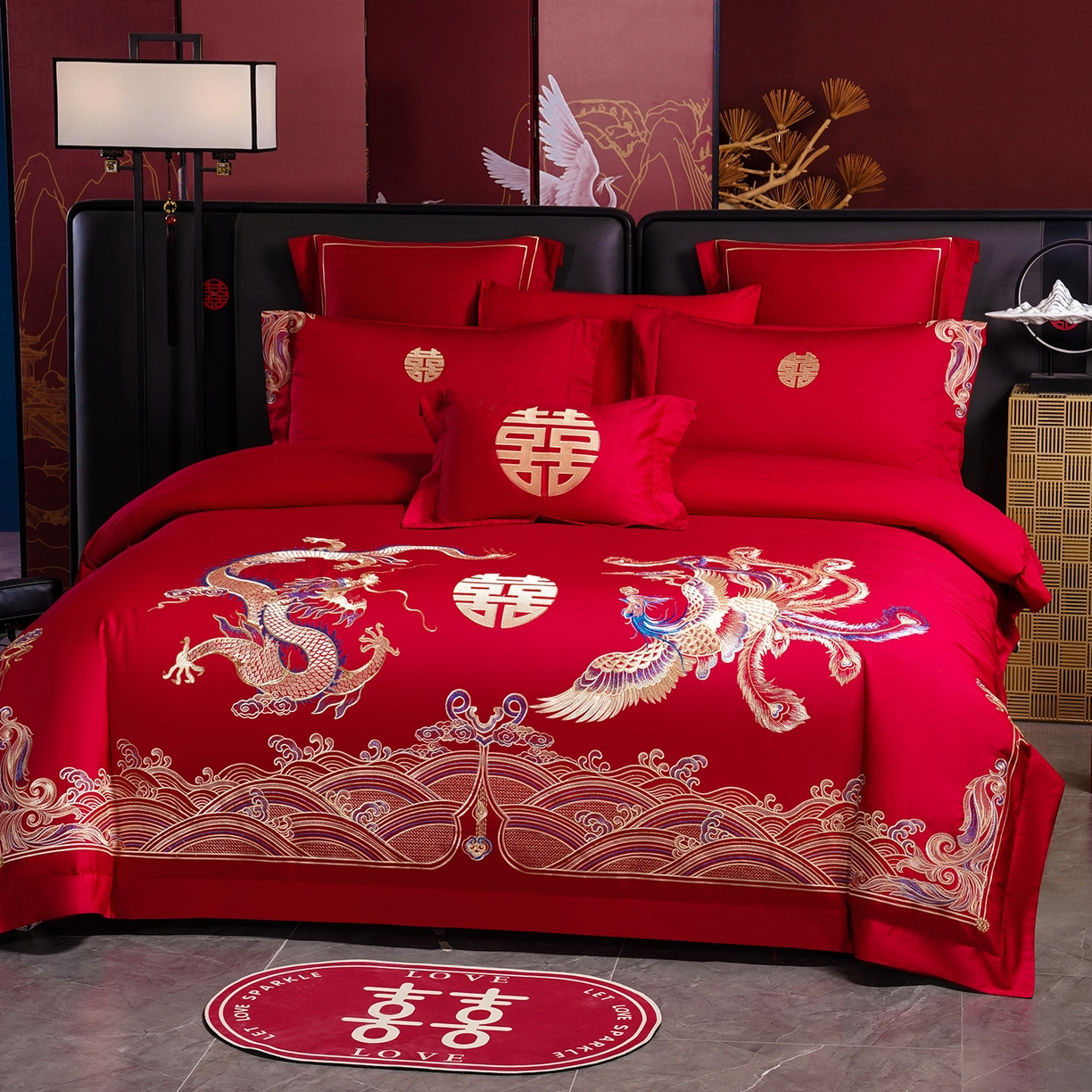 91家纺网 家纺一手货源 找家纺 置顶家纺 2025新款新中式棚拍亲肤棉婚庆大红刺绣系列四件套 迎喜龙凤-大红