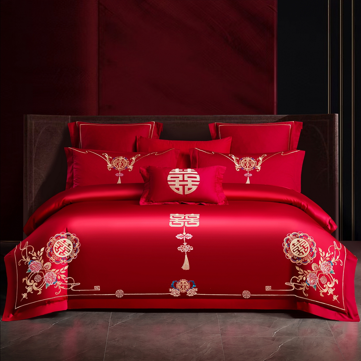 置顶家纺 2025新款新中式棚拍亲肤棉婚庆大红刺绣系列四件套 喜结连理-大红