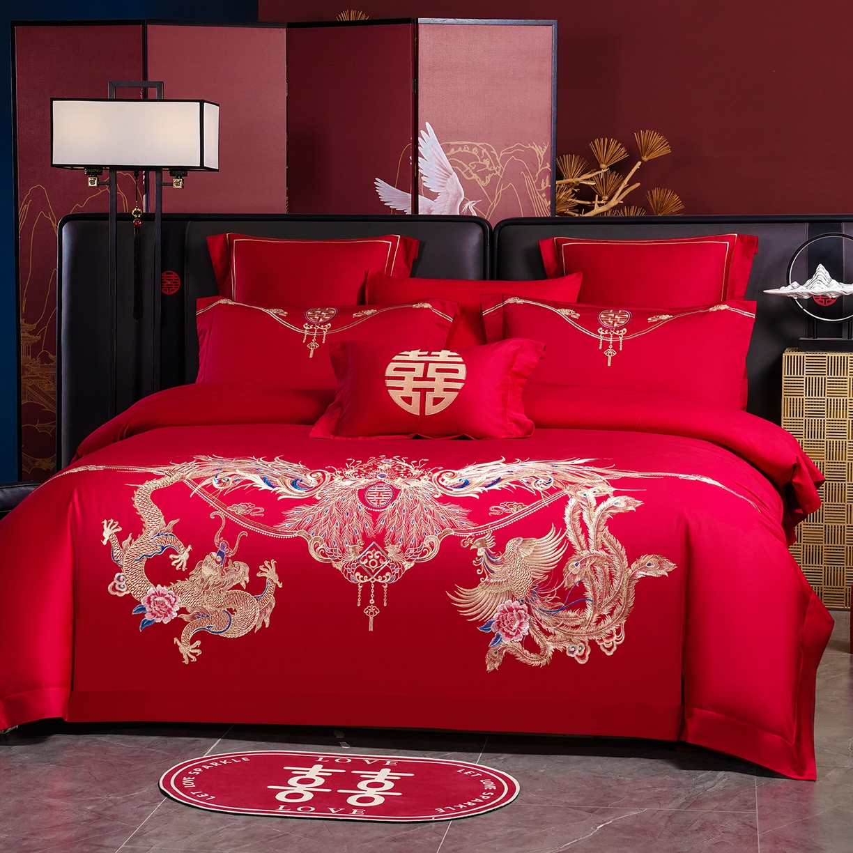 91家纺网 家纺一手货源 找家纺 置顶家纺 2025新款新中式棚拍亲肤棉婚庆大红刺绣系列四件套 龙凤新禧-金大红