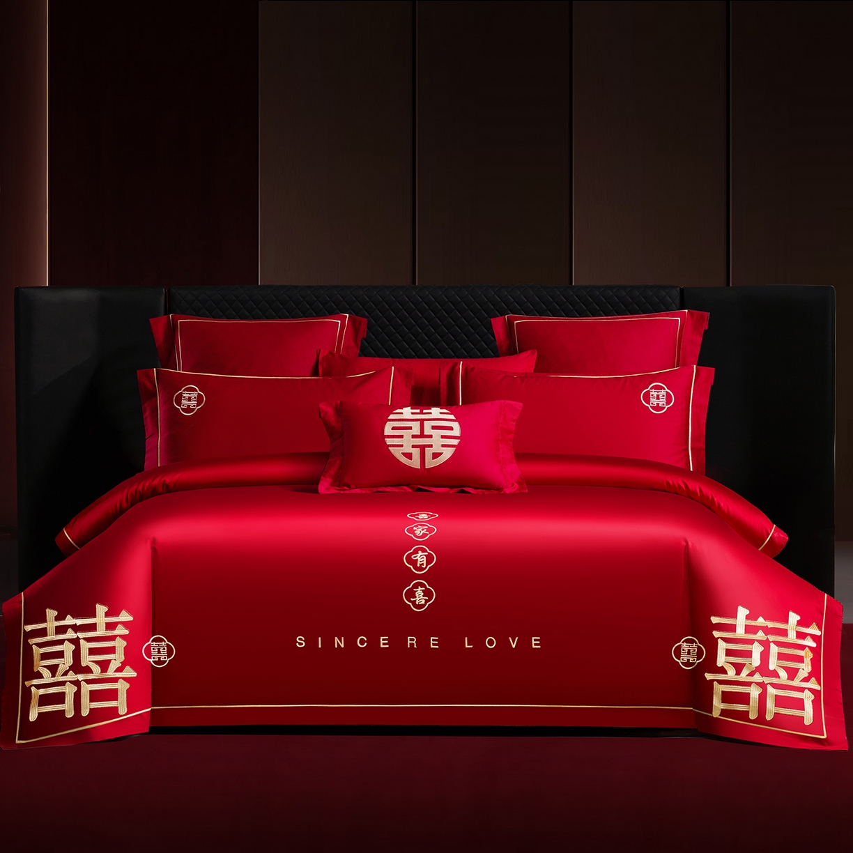 置顶家纺 2025新款新中式棚拍亲肤棉婚庆大红刺绣系列四件套 囍缘-大红