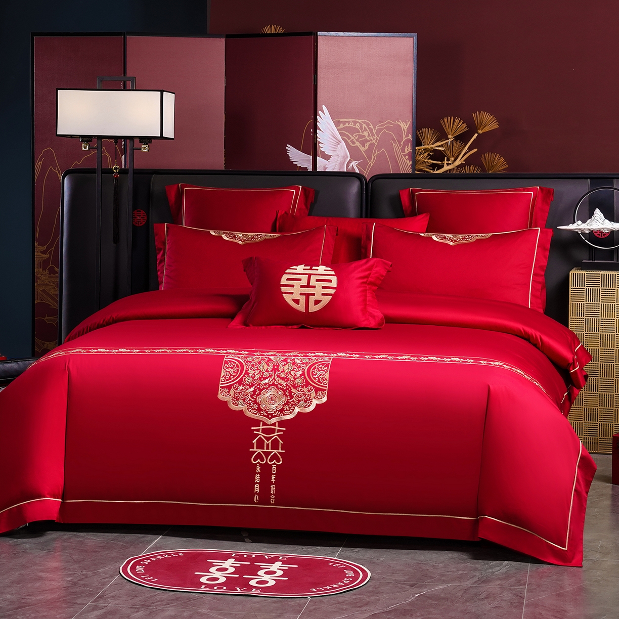 91家纺网 家纺一手货源 找家纺 置顶家纺 2025新款新中式棚拍亲肤棉婚庆大红刺绣系列四件套 永结同心-大红
