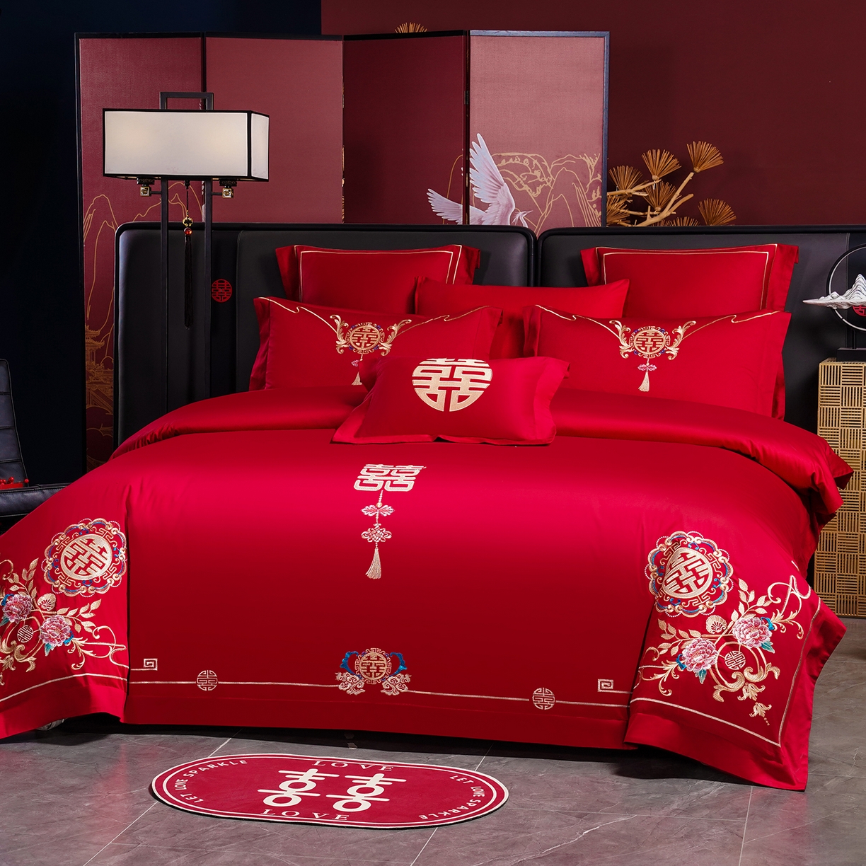 91家纺网 家纺一手货源 找家纺 置顶家纺 2025新款新中式棚拍亲肤棉婚庆大红刺绣系列四件套 喜结连理-大红