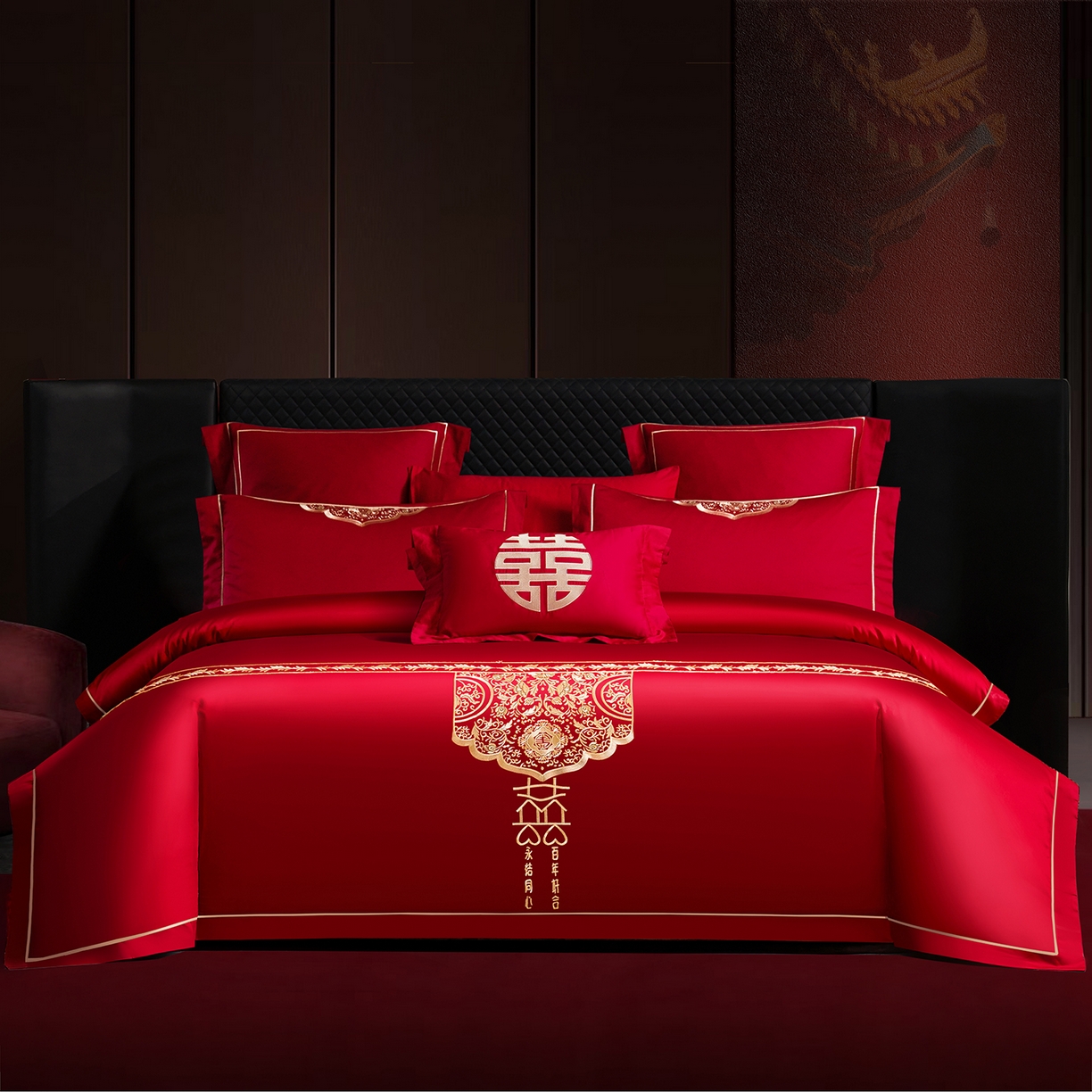 置顶家纺 2025新款新中式棚拍亲肤棉婚庆大红刺绣系列四件套 永结同心-大红