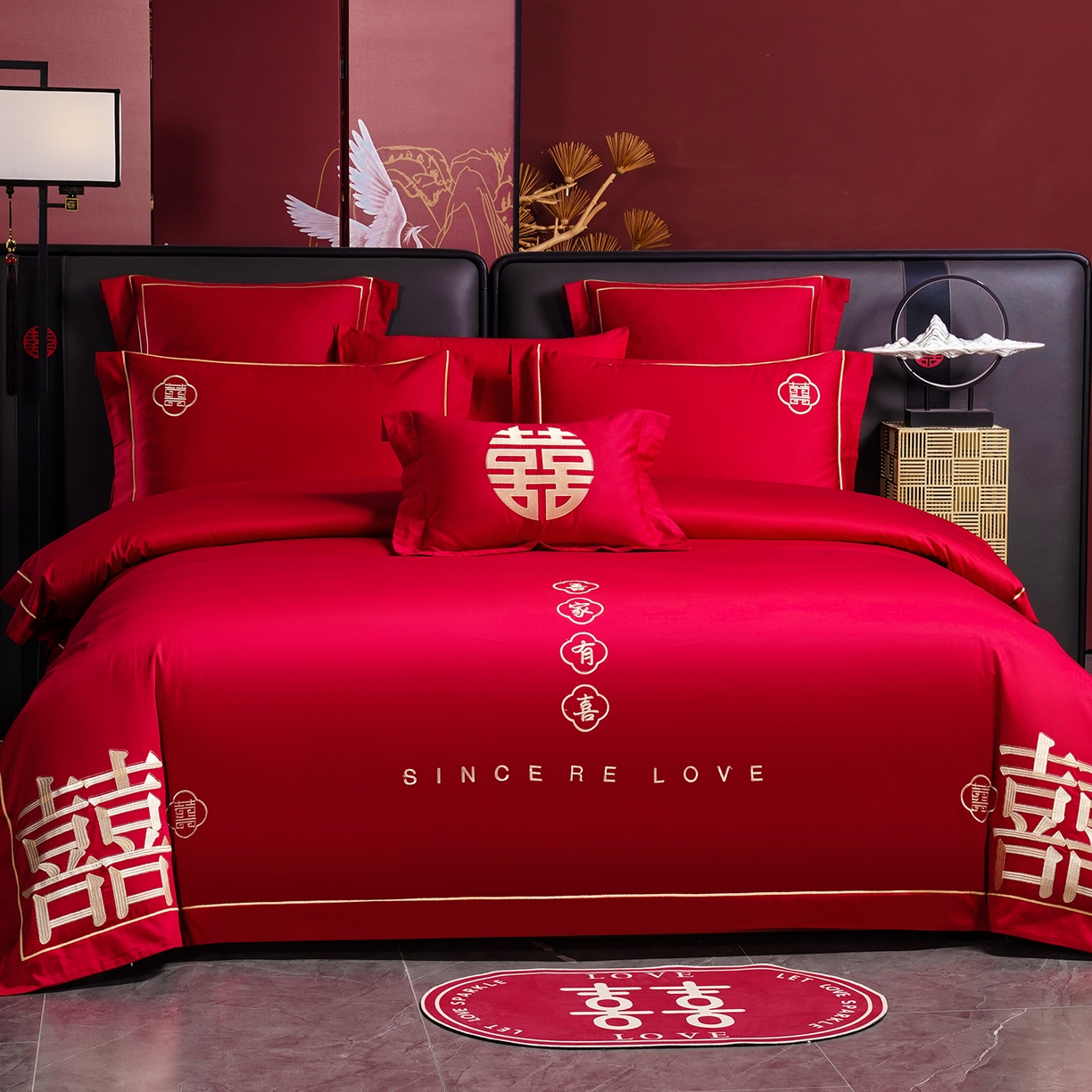 91家纺网 家纺一手货源 找家纺 置顶家纺 2025新款新中式棚拍亲肤棉婚庆大红刺绣系列四件套 囍缘-大红