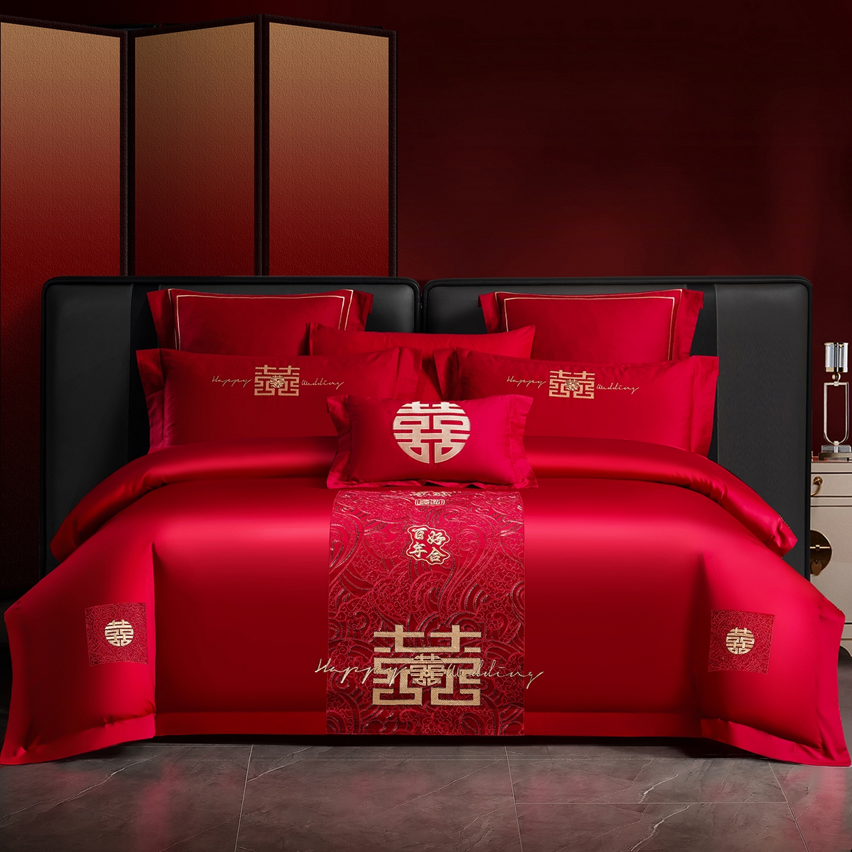 91家纺网 家纺一手货源 找家纺 置顶家纺 2025新款新中式棚拍亲肤棉婚庆大红刺绣系列四件套 喜礼-大红