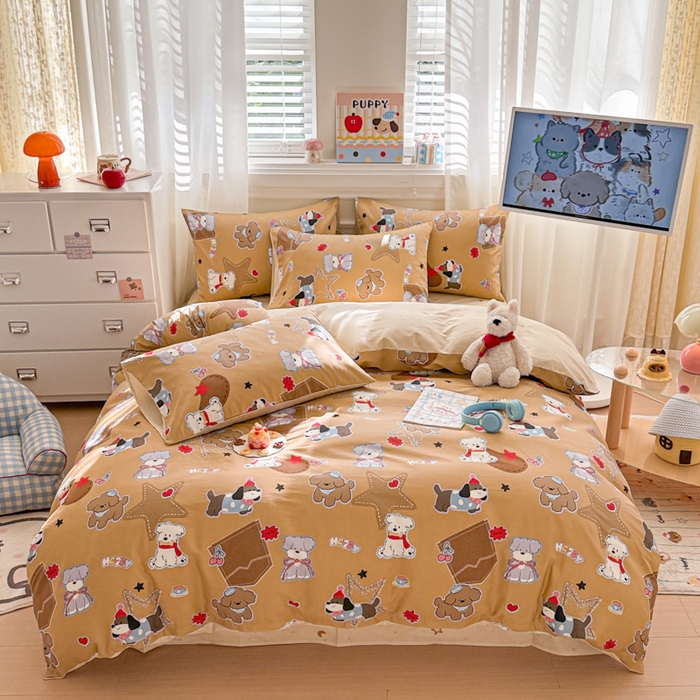 91家纺网 家纺一手货源 找家纺 曼之夏 2025新款全棉纯棉印花四件套 冬日可可狗