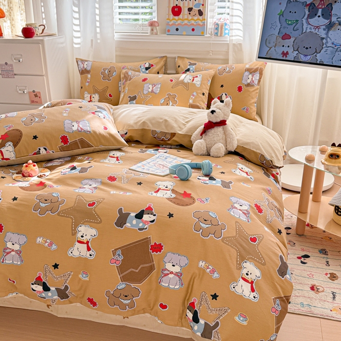 91家纺网 家纺一手货源 找家纺 曼之夏 2025新款全棉纯棉印花四件套 冬日可可狗