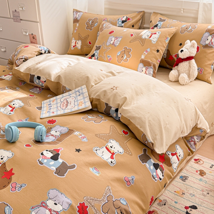 91家纺网 家纺一手货源 找家纺 曼之夏 2025新款全棉纯棉印花四件套 冬日可可狗