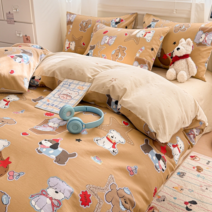 91家纺网 家纺一手货源 找家纺 曼之夏 2025新款全棉纯棉印花四件套 冬日可可狗