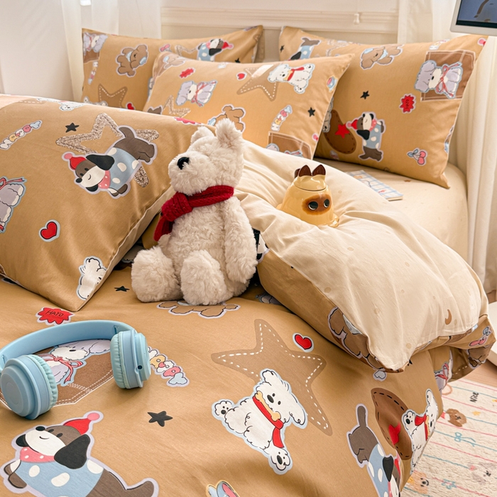 91家纺网 家纺一手货源 找家纺 曼之夏 2025新款全棉纯棉印花四件套 冬日可可狗